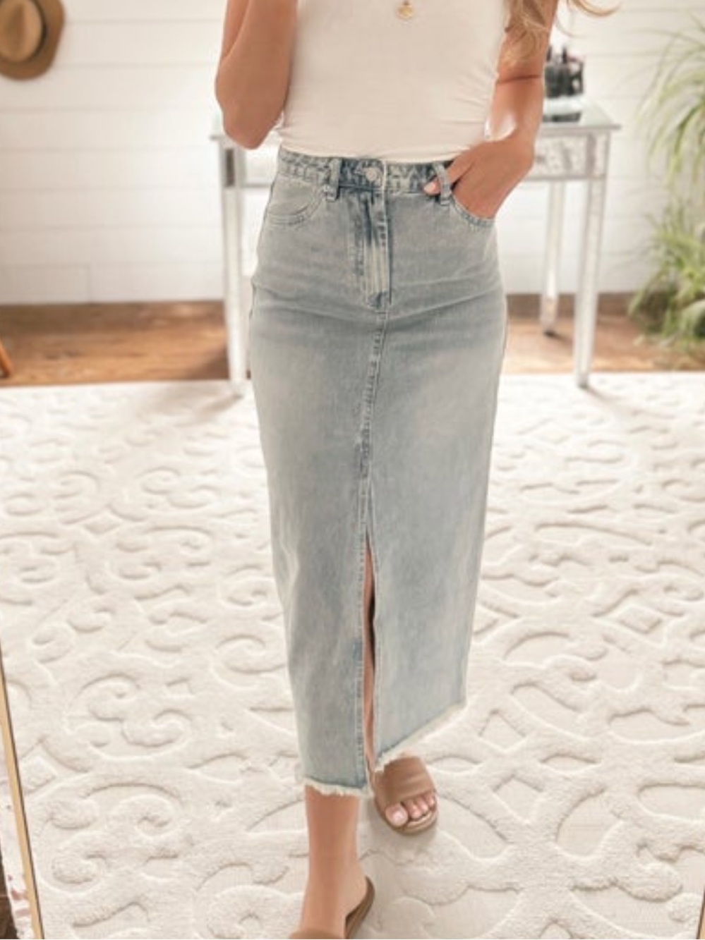 Mustard Seed Light Wash Denim Maxi Skirt with Front Slit